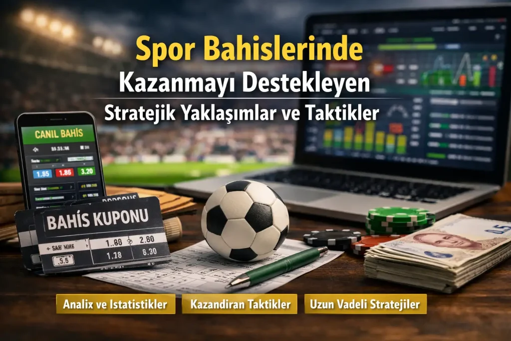 Spor bahislerinde stratejik yaklaşımlar ve kazanma taktiklerini konu alan makale için; stadyum arka planında analiz ekranı, bahis kuponu, futbol topu ve istatistik grafikleri bulunan yatay görsel