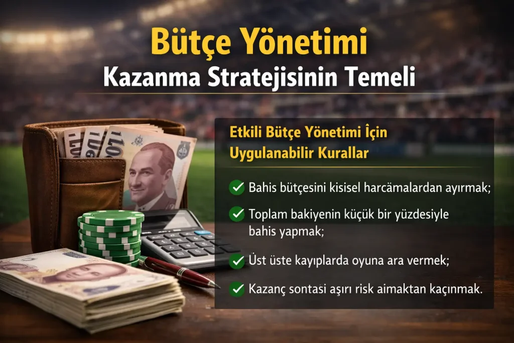Spor bahislerinde bütçe yönetiminin önemini anlatan makale için; cüzdan, Türk lirası, hesap makinesi ve “Etkili Bütçe Yönetimi İçin Uygulanabilir Kurallar” başlıklı maddelerin yer aldığı yatay görsel